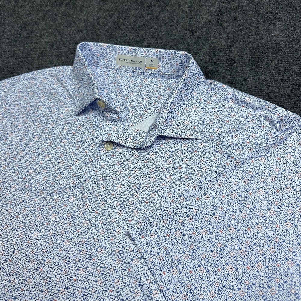 Peter Millar Summer Comfort Polo Shirt Mens M Blue Dice AOP Featherweight UPF 50